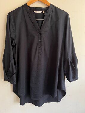 Soft Surroundings Large Black Poplin Button Front Cotton Stretch Tunic Blouse